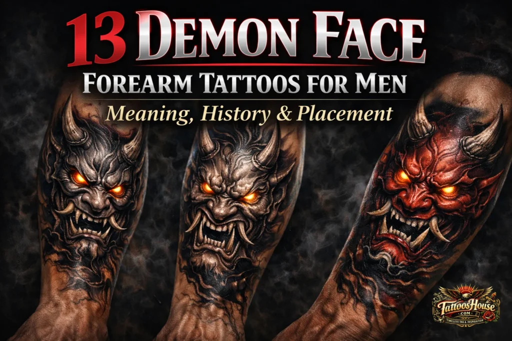 Dramatic demon face forearm tattoo for men featuring Japanese Oni style with glowing eyes and realistic black and grey shading.