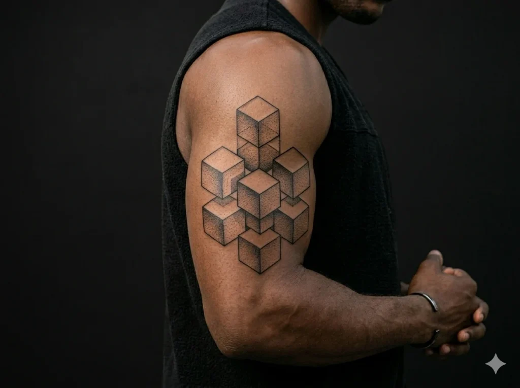 3D cube optical illusion geometric tattoo on forearm with precise black linework creating depth on medium brown skin tone