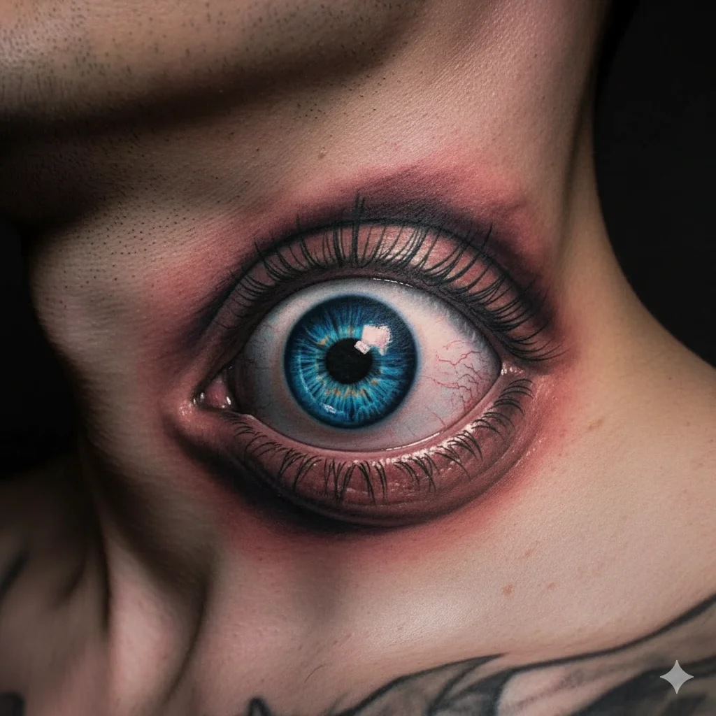 3d evil eye neck tattoo men