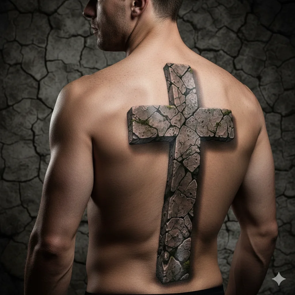 3D realistic cross spine tattoo for men with shadow depth illusion and strong Christian symbolism