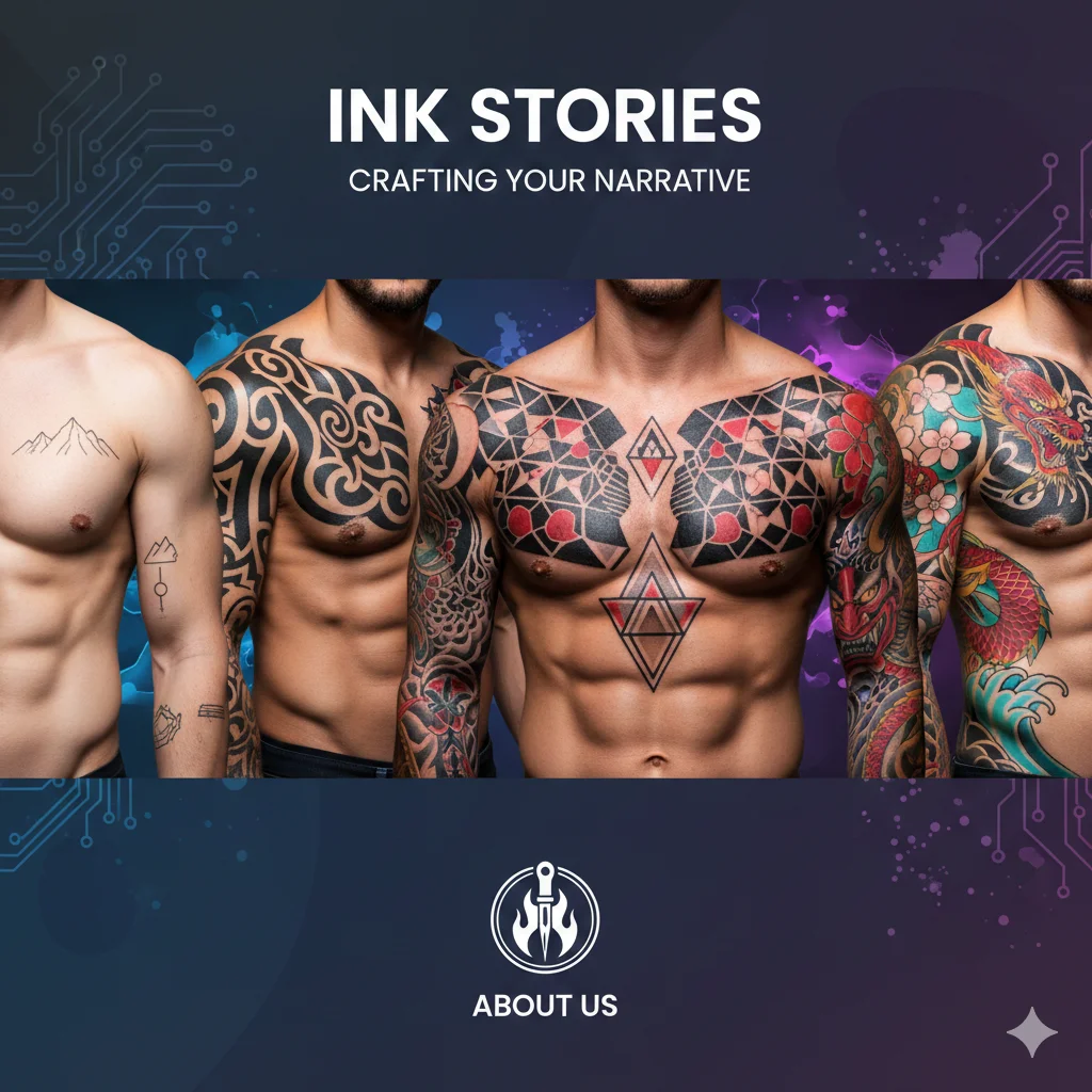 Diverse tattoo styles on men’s arms, shoulders, and chest – minimalist, tribal, geometric, Japanese tattoos Tattoos House