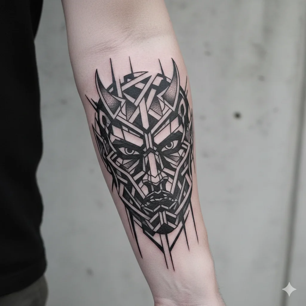 Abstract geometric devil face tattoo design presenting artistic and modern devil tattoo ideas for men with creative linework.