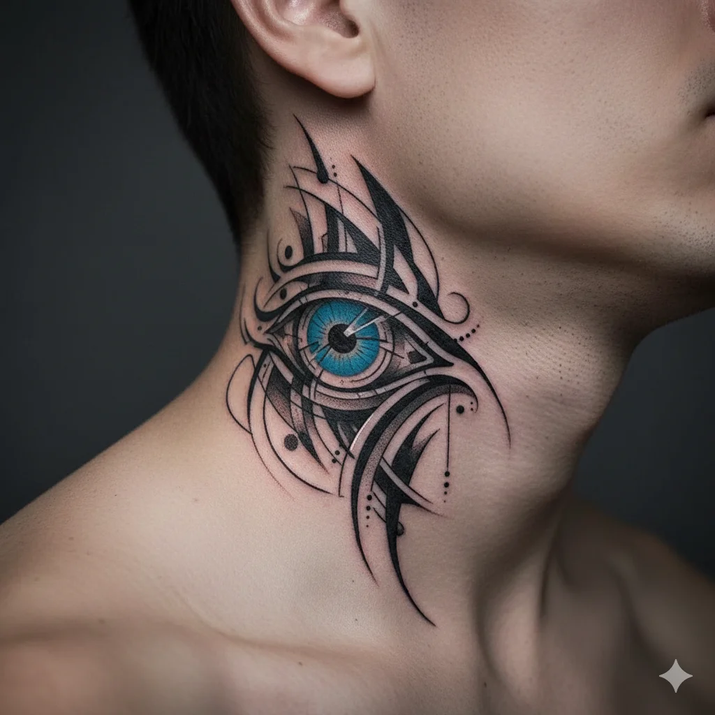 abstract evil eye neck tattoo men