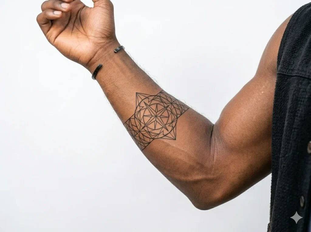 Modern abstract geometric linework arm band tattoo with precise black ink symmetry on light brown skin tone