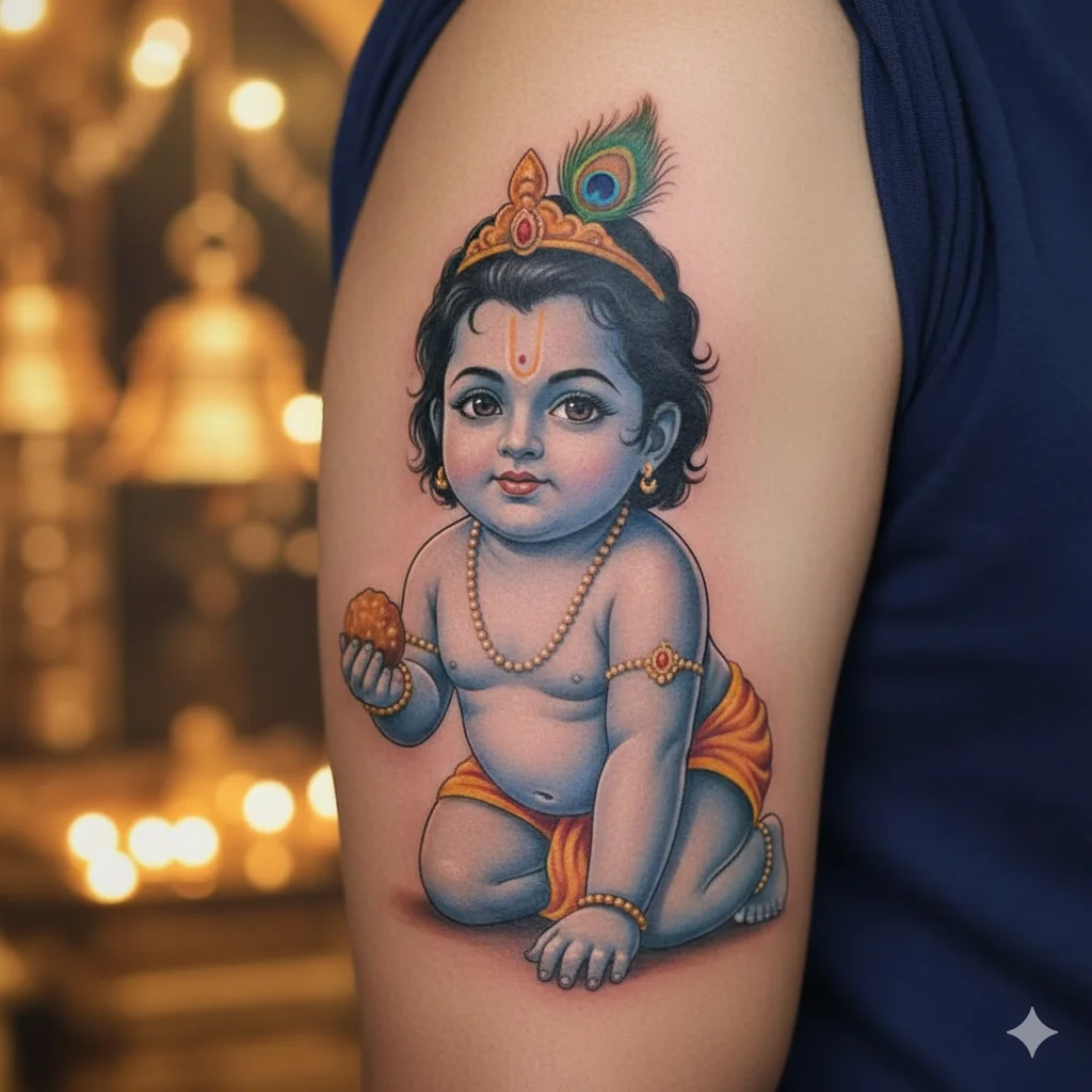 Baby Krishna tattoo for men upper arm devotional spiritual ink design