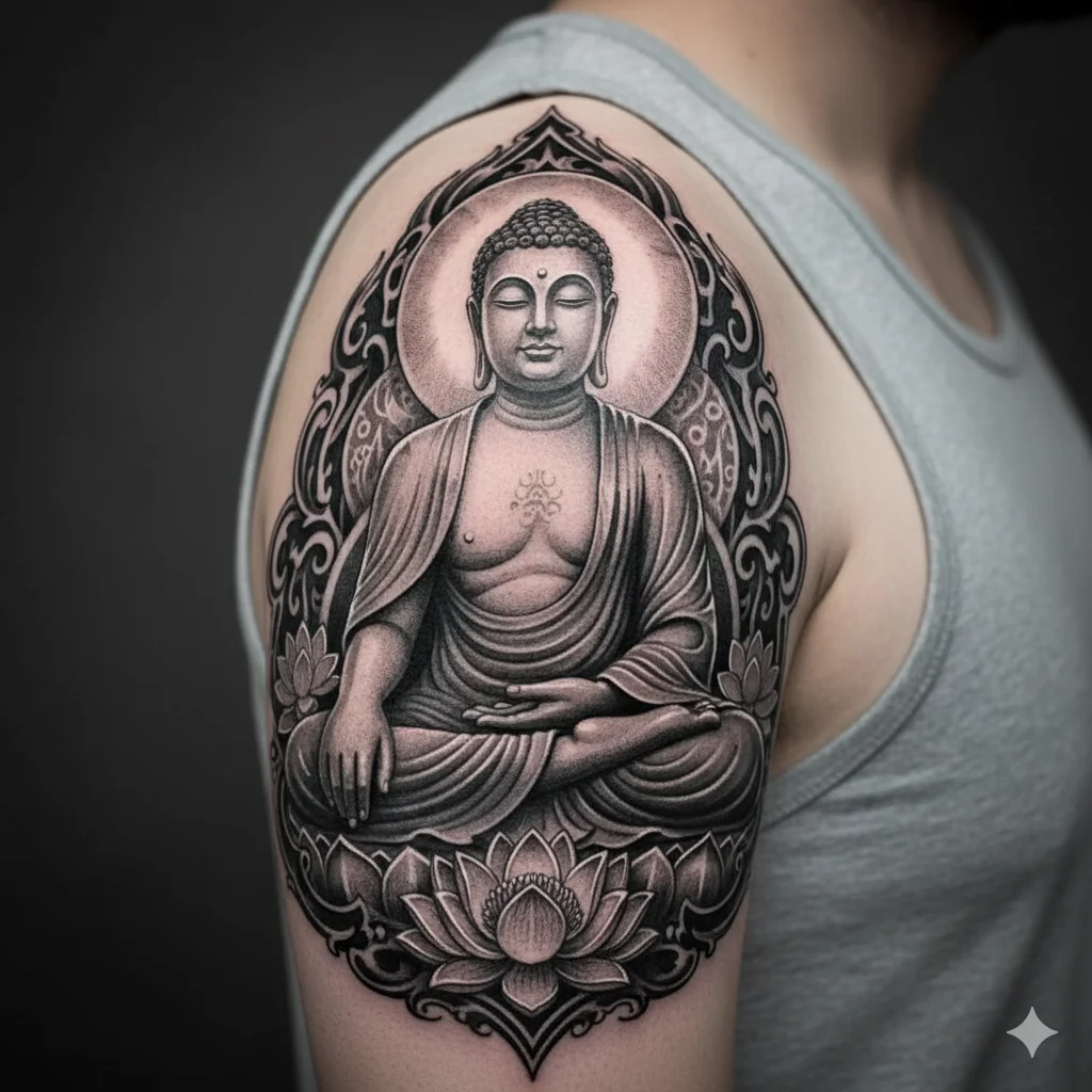 black and grey Buddha tattoo design showing realistic spiritual buddha tattoo ideas with deep shading