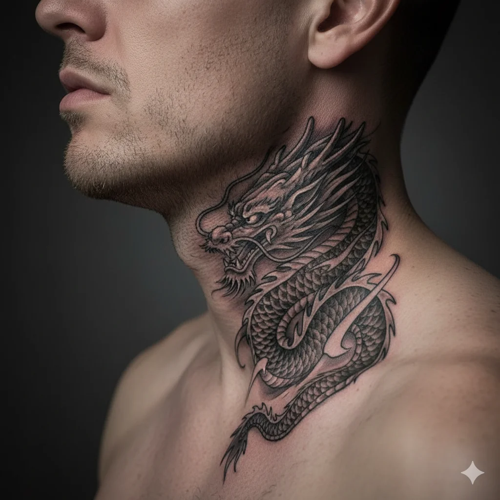 dragon neck tattoo for men in classic black and grey style