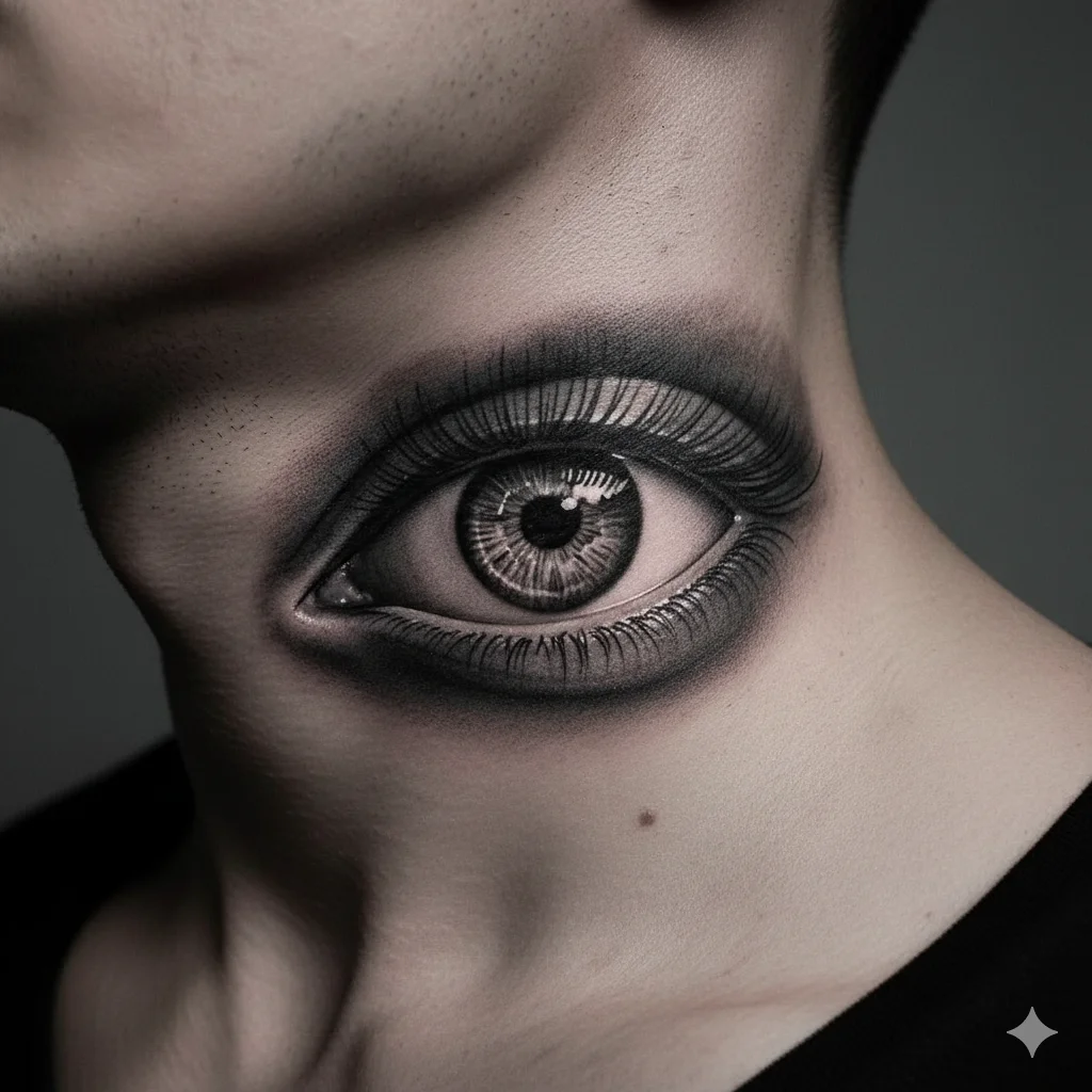 black and grey evil eye neck tattoo men