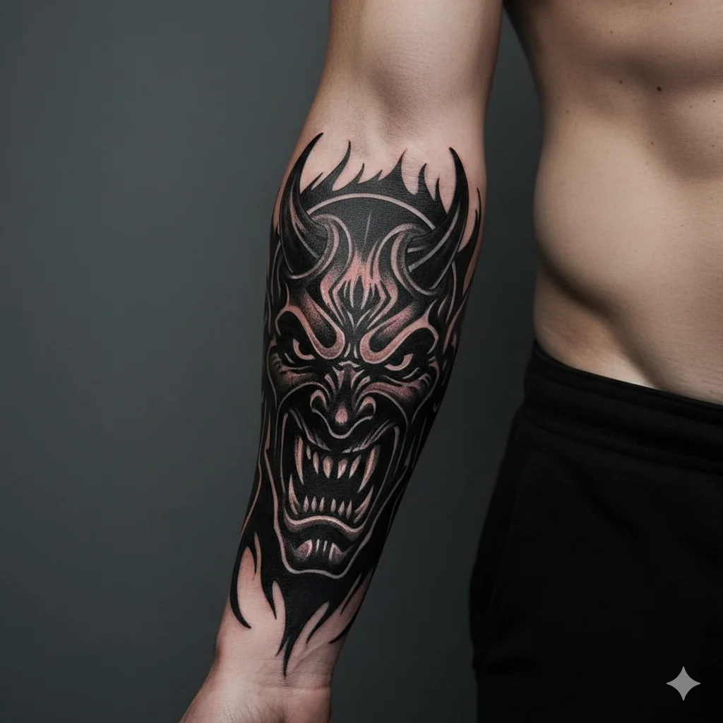 Heavy blackwork devil tattoo design showing bold and masculine devil tattoo ideas for men with solid dark ink and strong contrast.