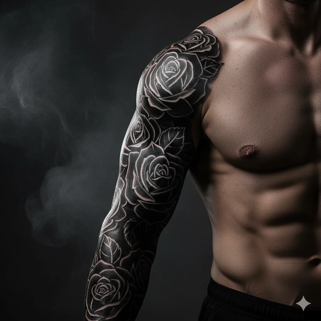 blackwork rose tattoo sleeve for men