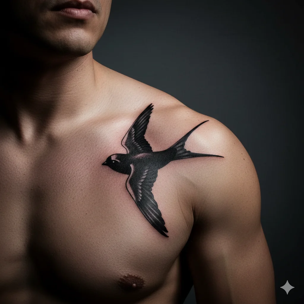 blackwork swallow shoulder tattoo men