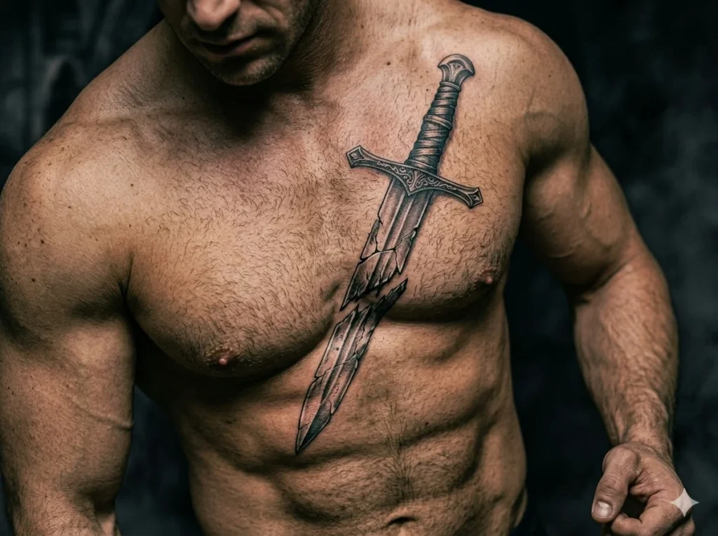 broken sword tattoo for men chest