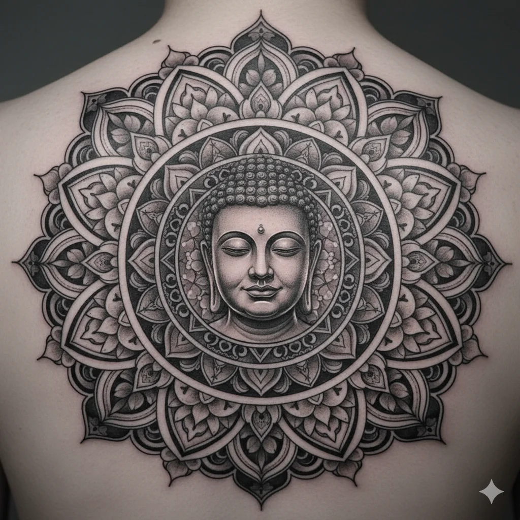 Buddha mandala tattoo showing detailed spiritual buddha tattoo ideas with symmetrical patterns