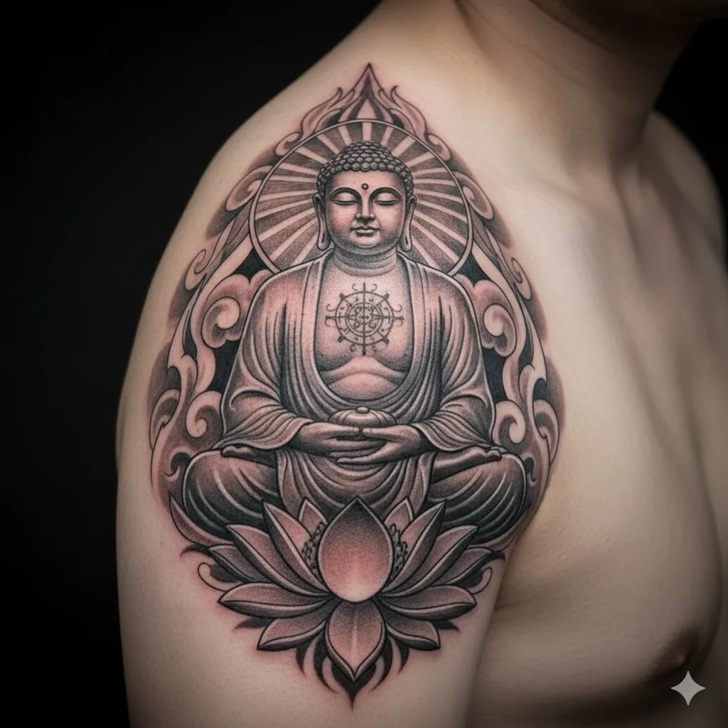 Buddha shoulder tattoo design representing balanced spiritual buddha tattoo ideas for men and women