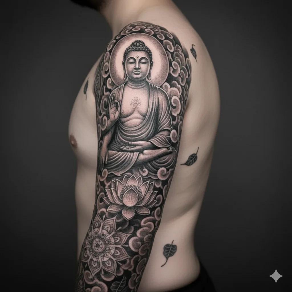 full sleeve Buddha tattoo showing detailed spiritual buddha tattoo ideas with clouds and symbols