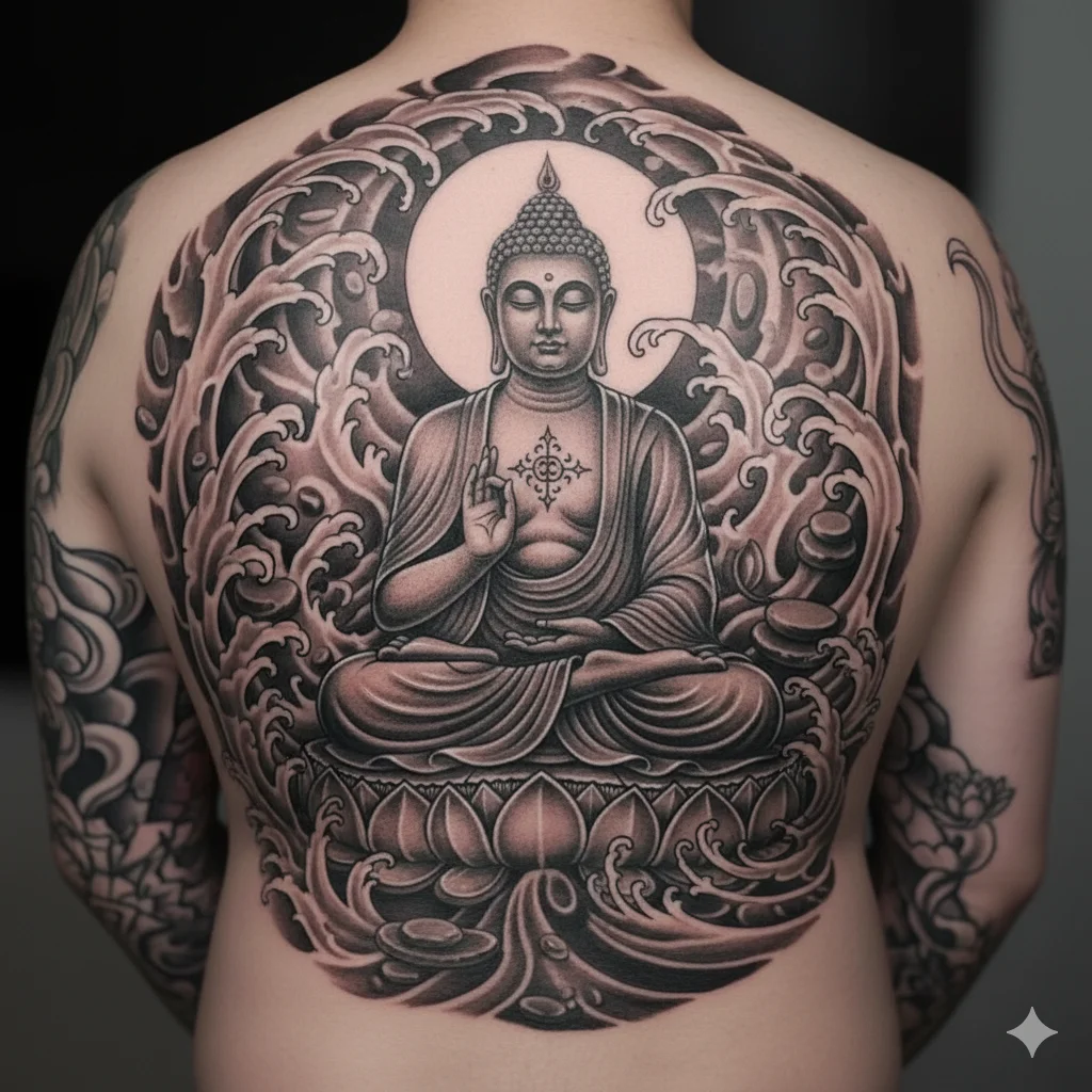Buddha and flowing water tattoo design representing peaceful spiritual buddha tattoo ideas