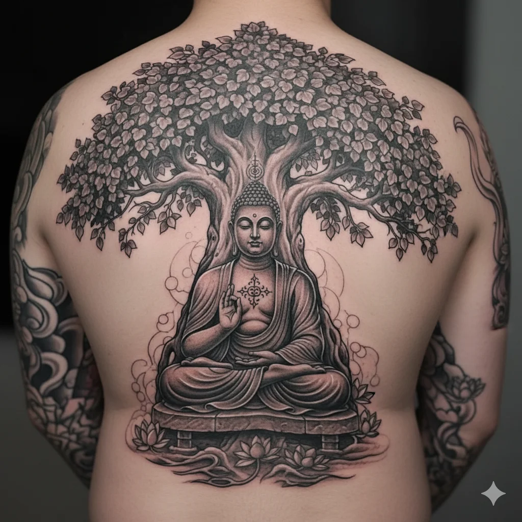 Buddha under Bodhi tree tattoo showing detailed spiritual buddha tattoo ideas with enlightenment symbolism