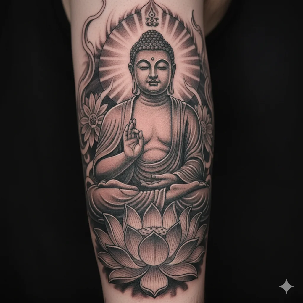 Buddha and lotus flower tattoo design representing spiritual growth and meaningful buddha tattoo ideas