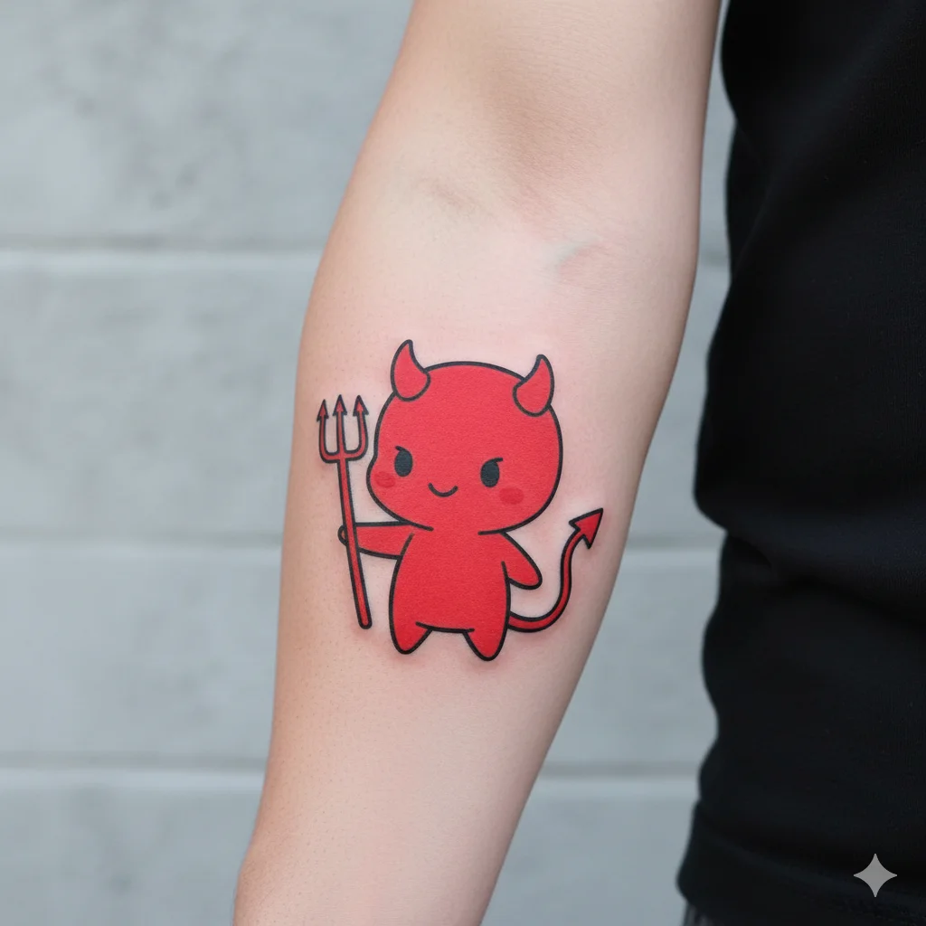 Small cartoon devil tattoo design inspired by playful devil tattoo ideas for men, with simple lines and colorful appearance