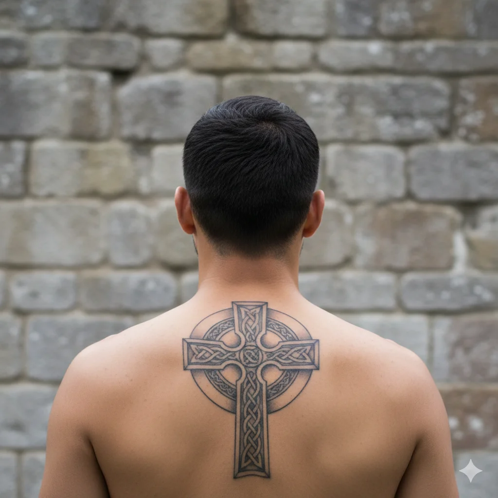 Intricate Celtic cross spine tattoo for men with knotwork detail and Christian symbolism on back