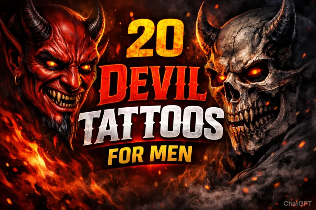 Featured thumbnail showing bold devil tattoo ideas for men, including a fiery red devil face and dark demonic skull with flames and smoke in the background, representing dark and masculine tattoo styles trending in 2026.