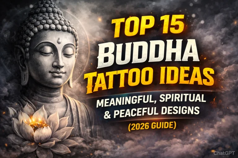 featured thumbnail showing top 15 Buddha tattoo ideas with peaceful Buddha face, lotus flower and spiritual tattoo designs representing meaningful and calming tattoo inspiration for 2026