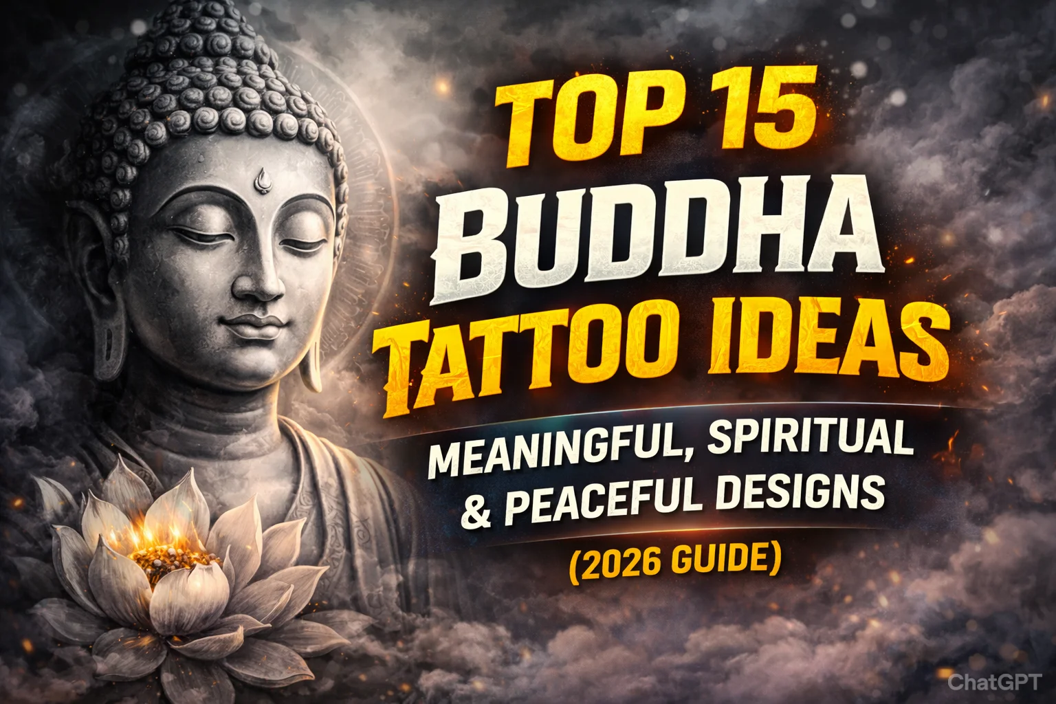 featured thumbnail showing top 15 Buddha tattoo ideas with peaceful Buddha face, lotus flower and spiritual tattoo designs representing meaningful and calming tattoo inspiration for 2026