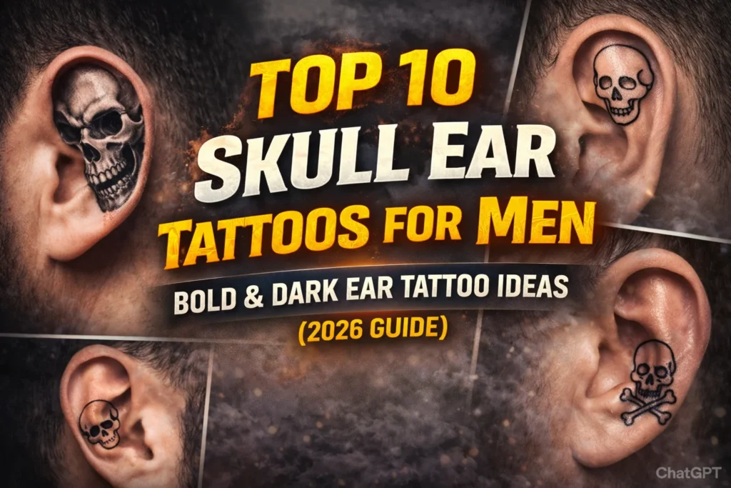 featured thumbnail showing top 10 skull ear tattoos for men with bold black ink and dark tattoo designs