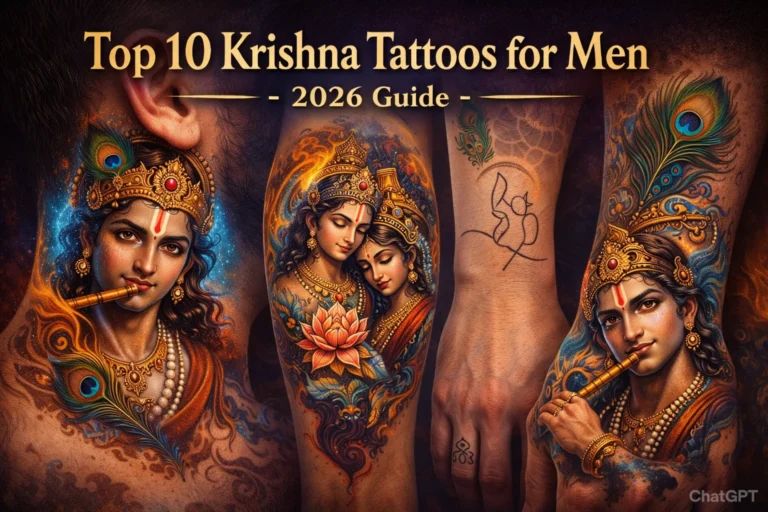 Top 10 Krishna tattoos for men thumbnail featuring realistic Krishna neck tattoo, forearm Radha Krishna tattoo, minimalist hand tattoo design and peacock feather tattoo in bold masculine devotional tattoo style
