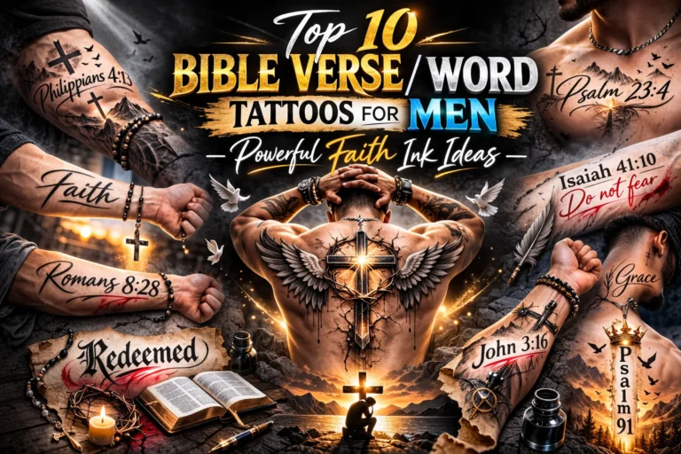 Dramatic collage featured image showcasing Bible verse and word tattoos for men including Philippians 4:13, Psalm 23:4, Isaiah 41:10, Faith, Grace, Redeemed and cross tattoo designs in bold cinematic style for 2026 faith ink inspiration
