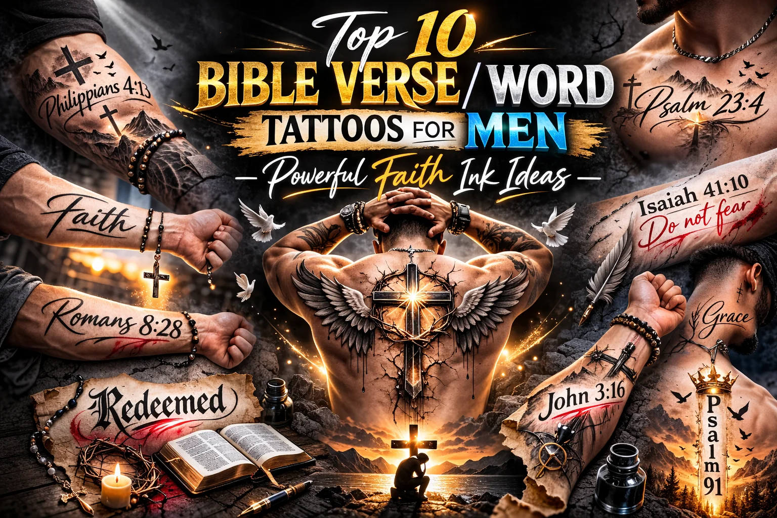 Dramatic collage featured image showcasing Bible verse and word tattoos for men including Philippians 4:13, Psalm 23:4, Isaiah 41:10, Faith, Grace, Redeemed and cross tattoo designs in bold cinematic style for 2026 faith ink inspiration