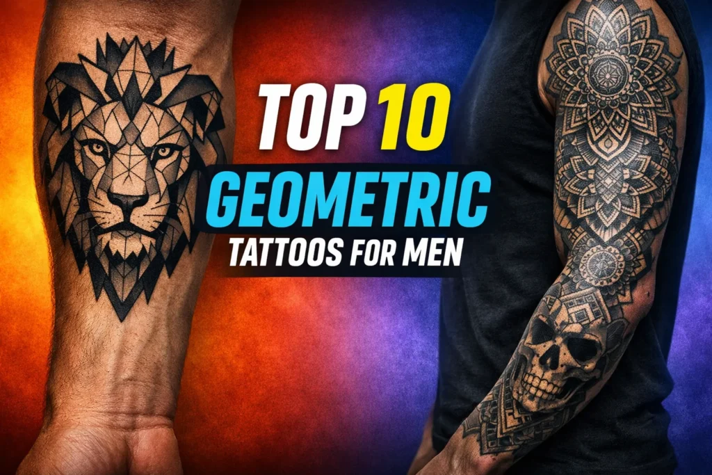 Promotional thumbnail image featuring two bold geometric tattoo designs for men including a geometric lion forearm tattoo and a sacred geometry sleeve, modern typography title with vibrant contrasting background