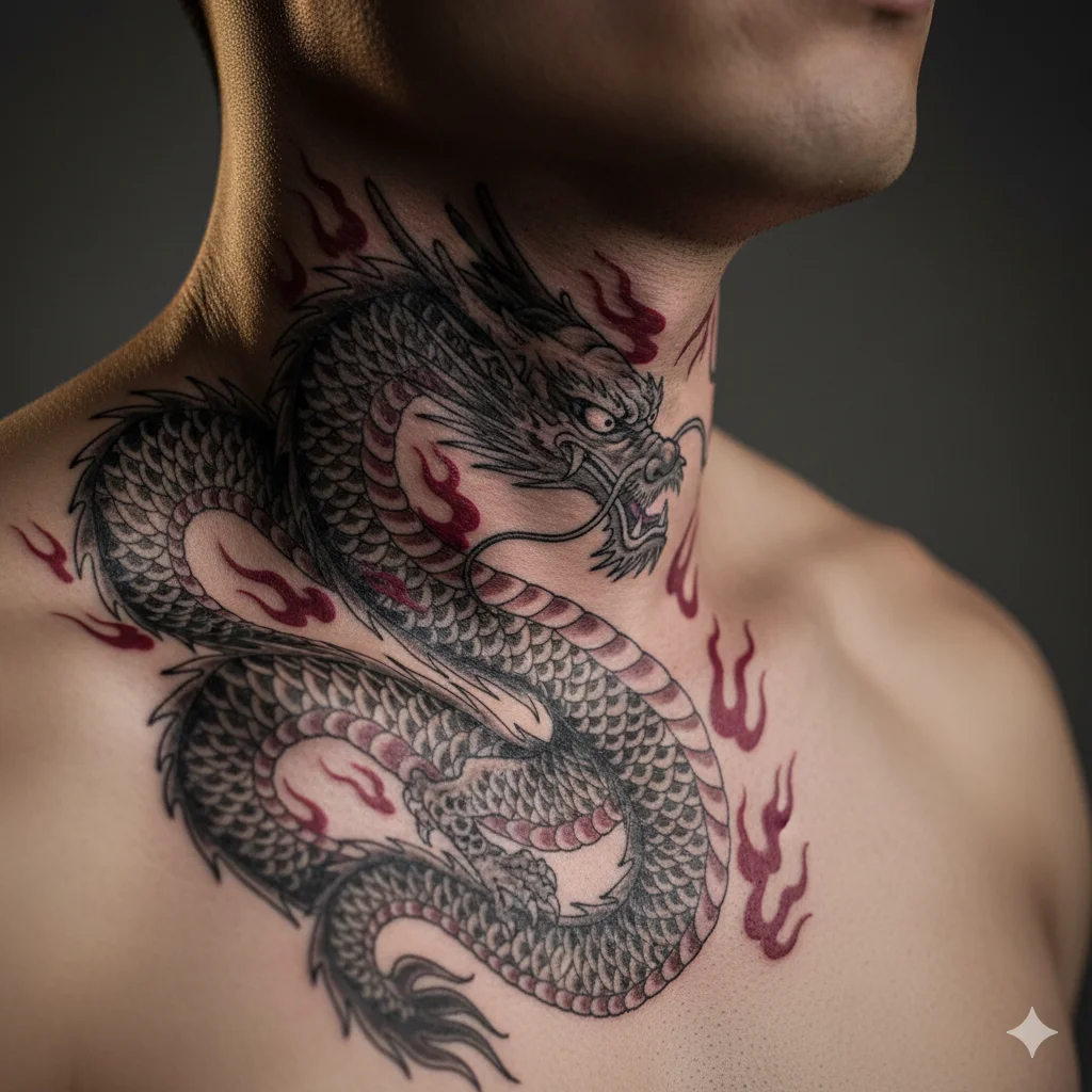 dragon neck tattoo for men inspired by traditional Chinese dragon art