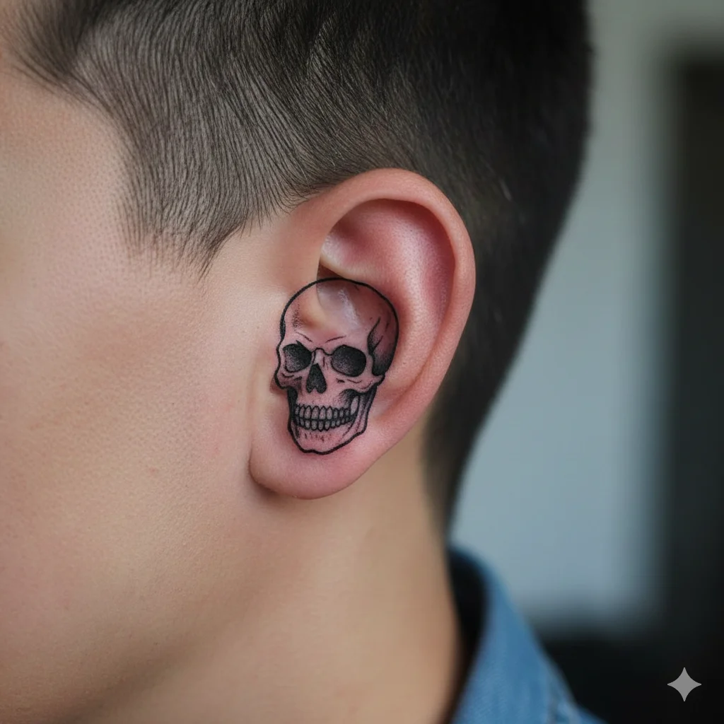 classic black skull ear tattoo for men showing bold small skull ear tattoo designs