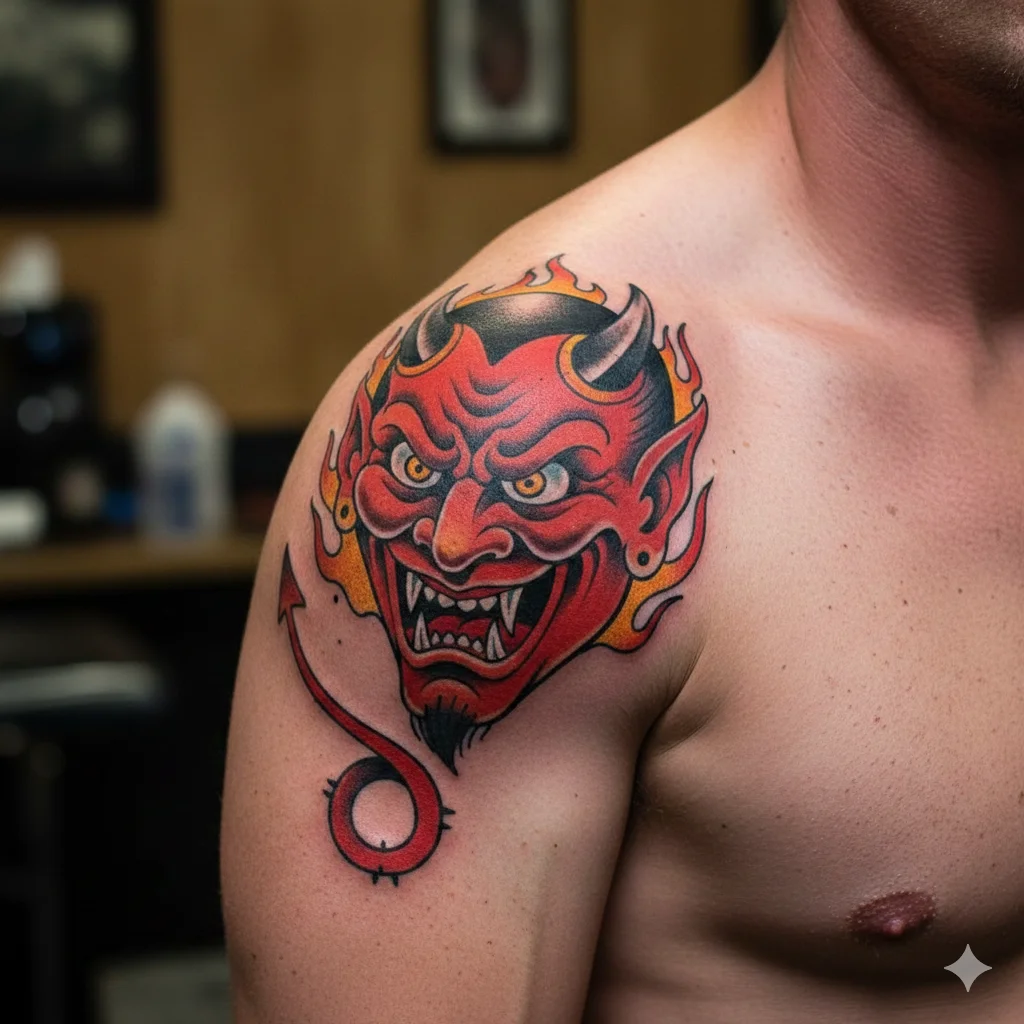 Classic Red Devil Face Tattoo for Men