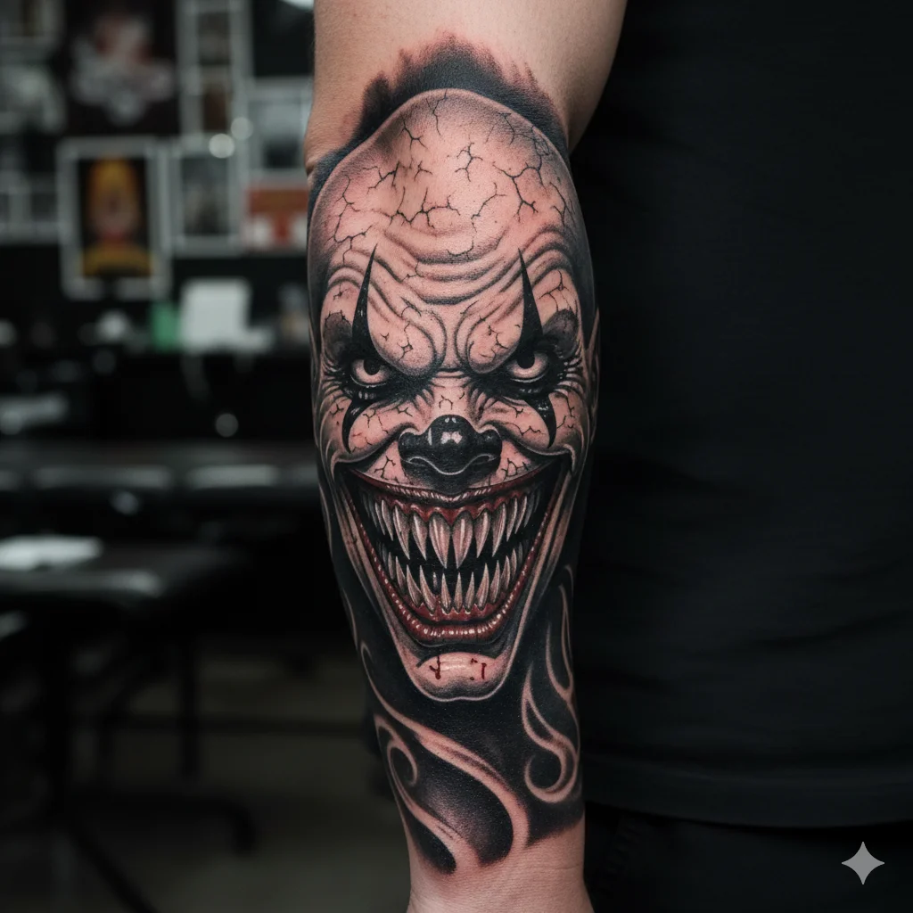 creepy clown tattoo for men horror-inspired bold forearm tattoo