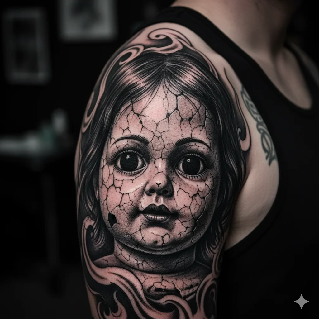 creepy doll tattoo for men blackwork horror forearm or shoulder design