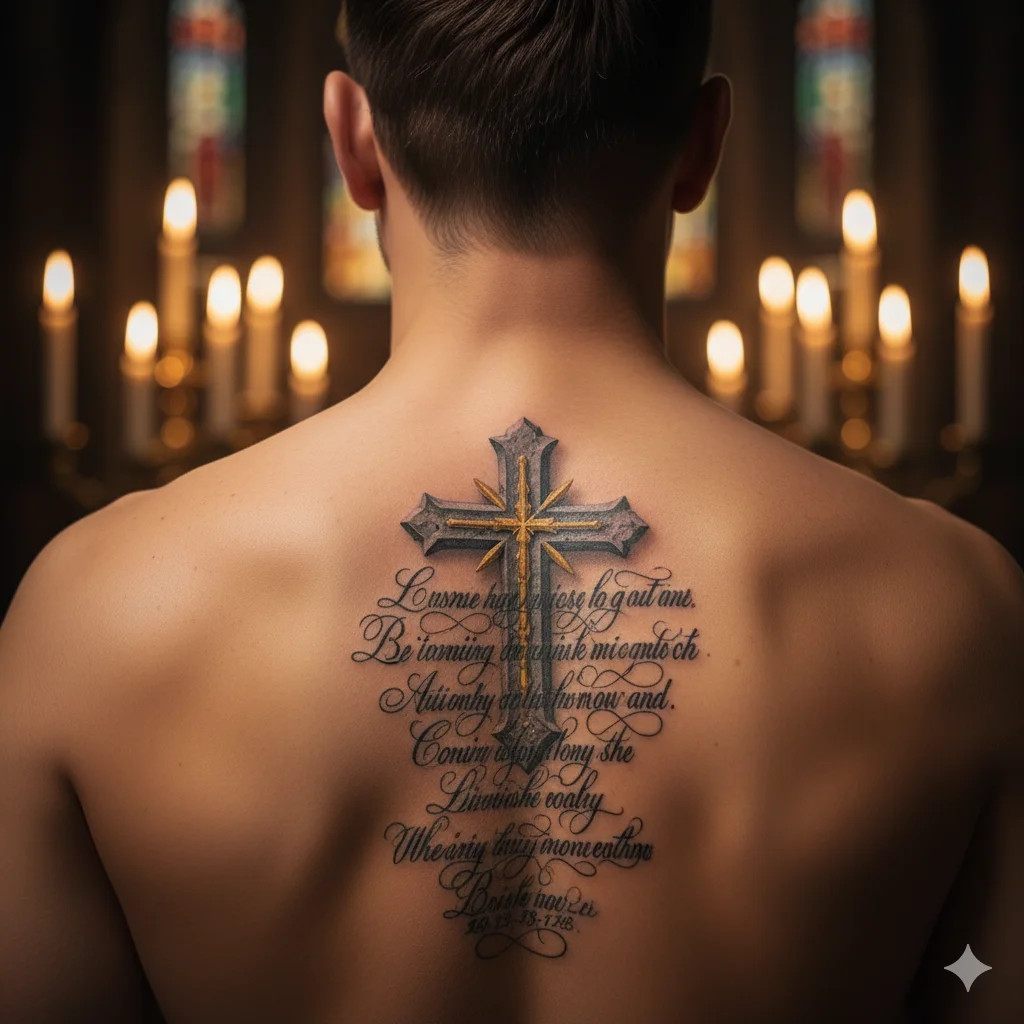 Cross faith tattoo for men on spine with vertical Bible verse text in realistic black ink religious design