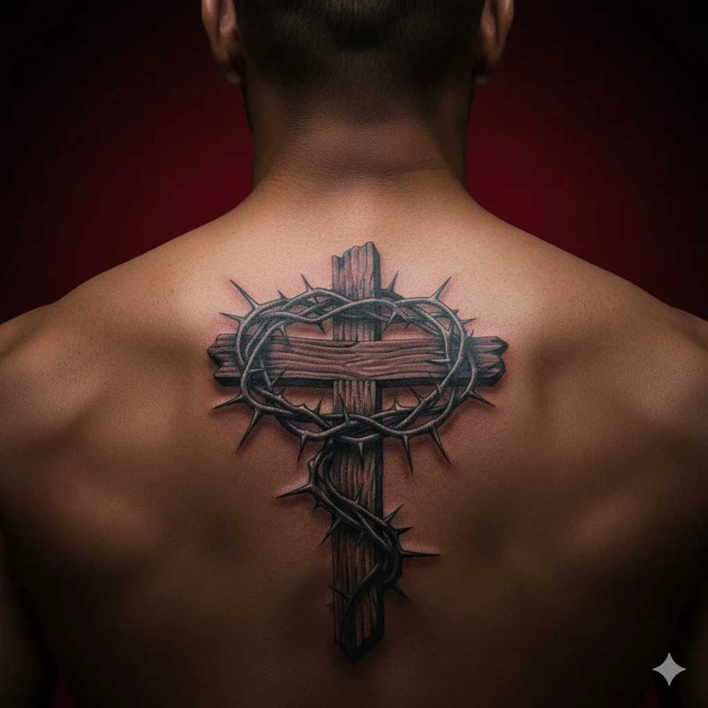 Cross with crown of thorns spine tattoo for men symbolizing sacrifice and redemption in Christian faith