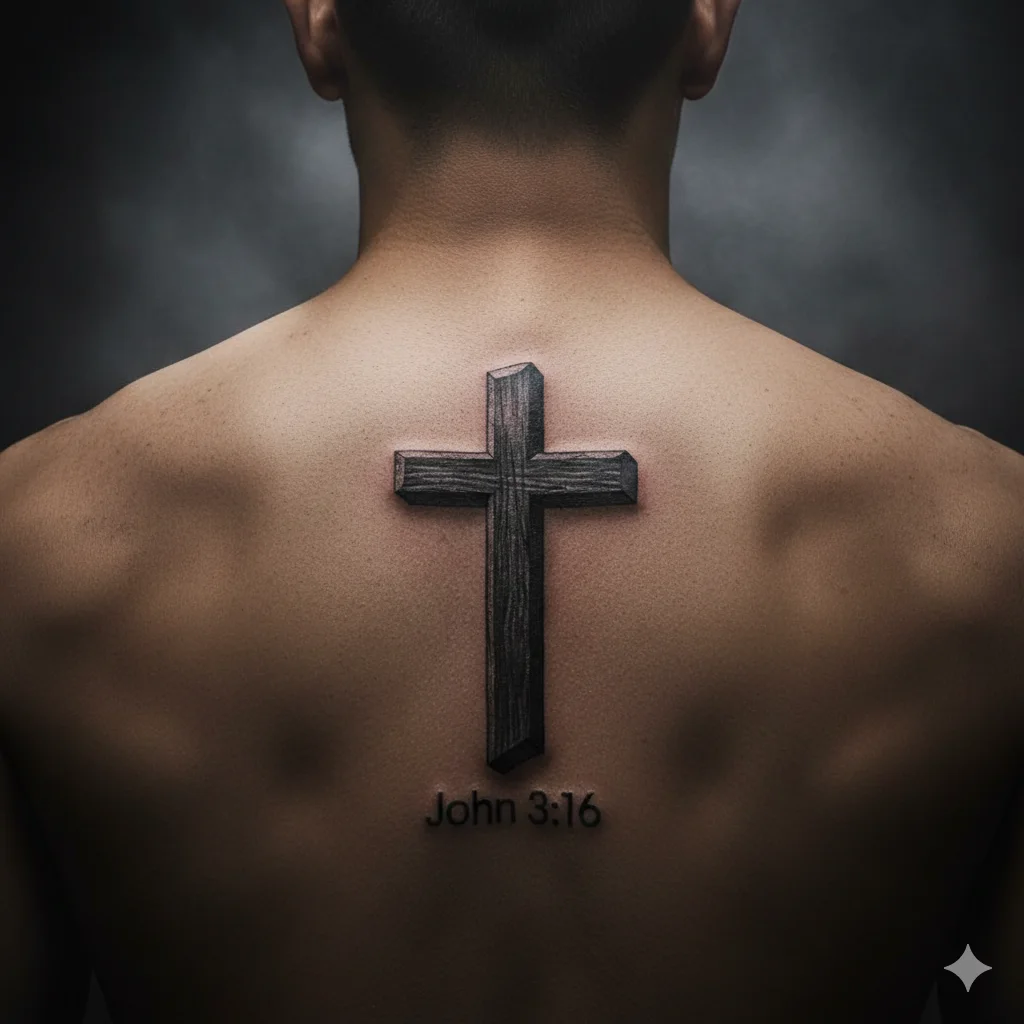 3D cross tattoo with John 3:16 reference on upper back for men representing redemption and Christian faith.