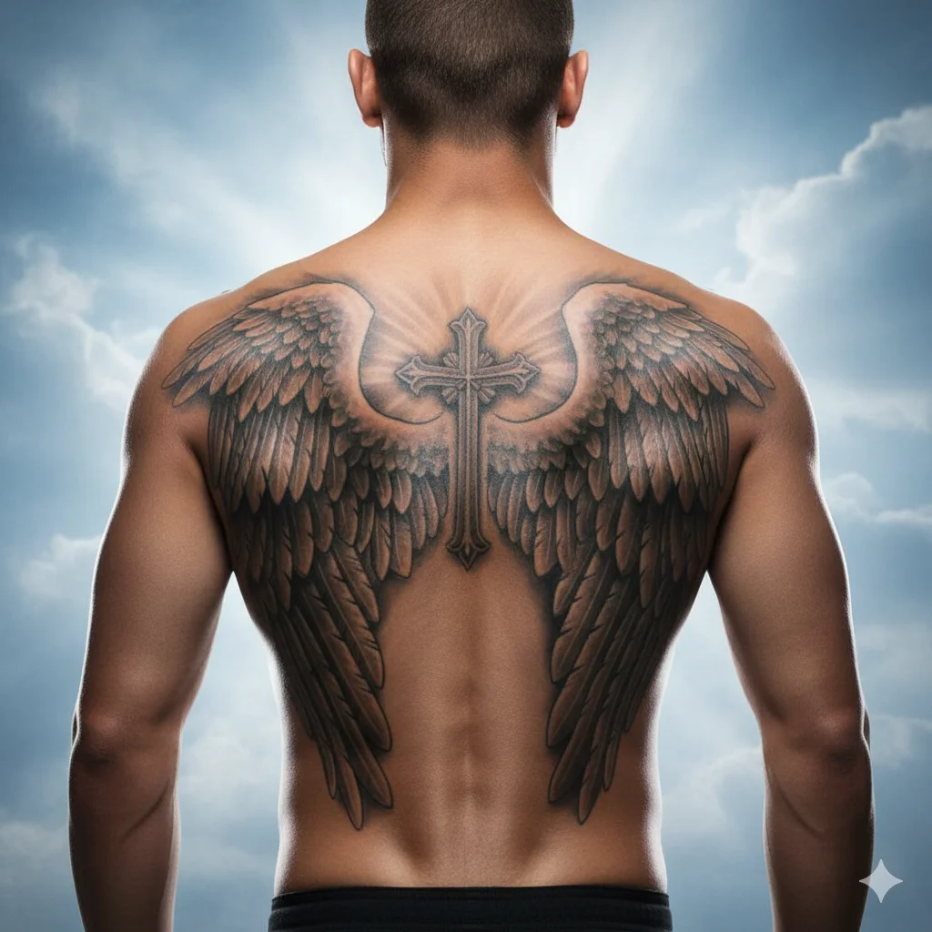 Cross with angel wings spine tattoo for men symbolizing divine protection and spiritual strength in bold black and grey ink