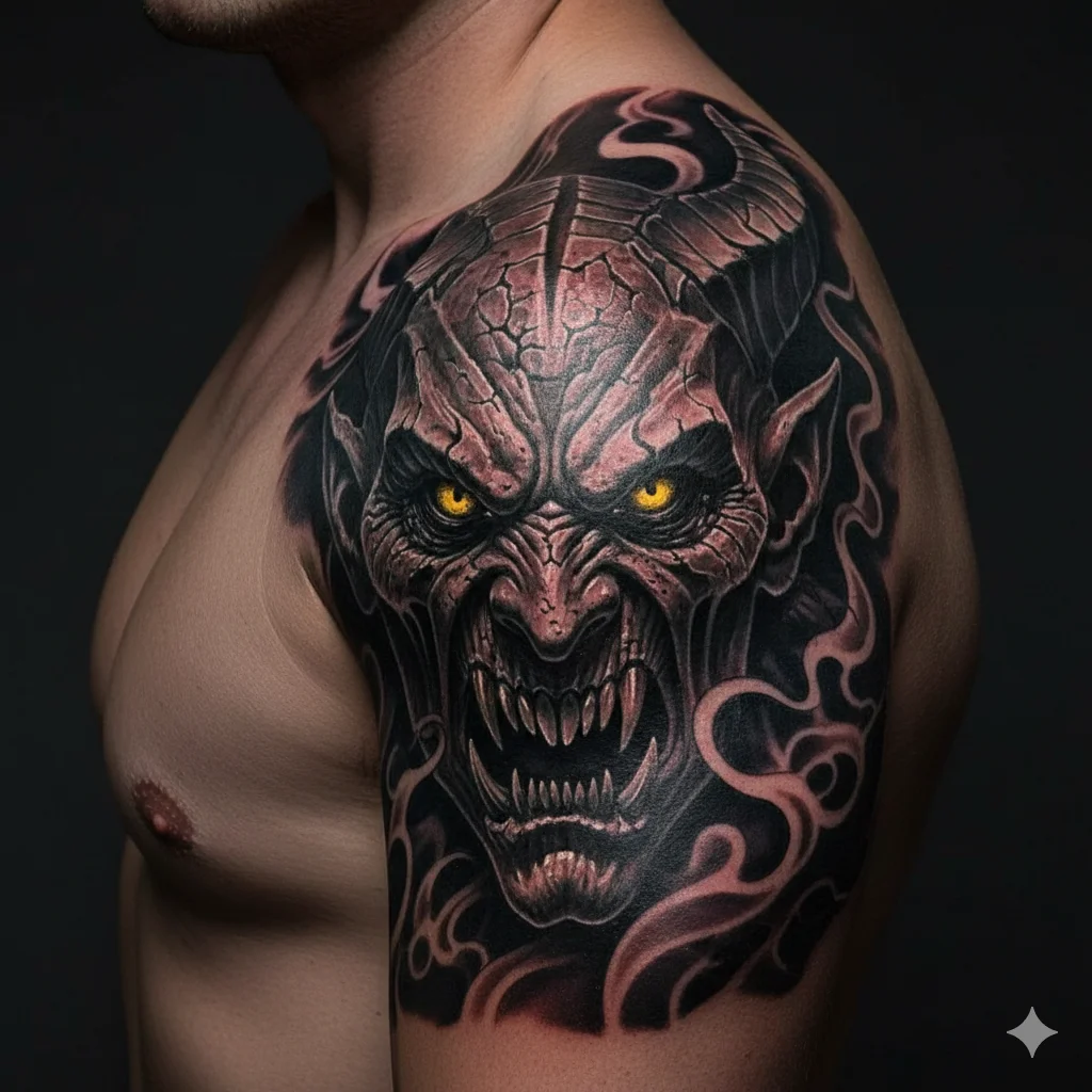 Dark fantasy demon tattoo design representing modern devil tattoo ideas for men, featuring glowing eyes, deep shadows, and cinematic artwork.