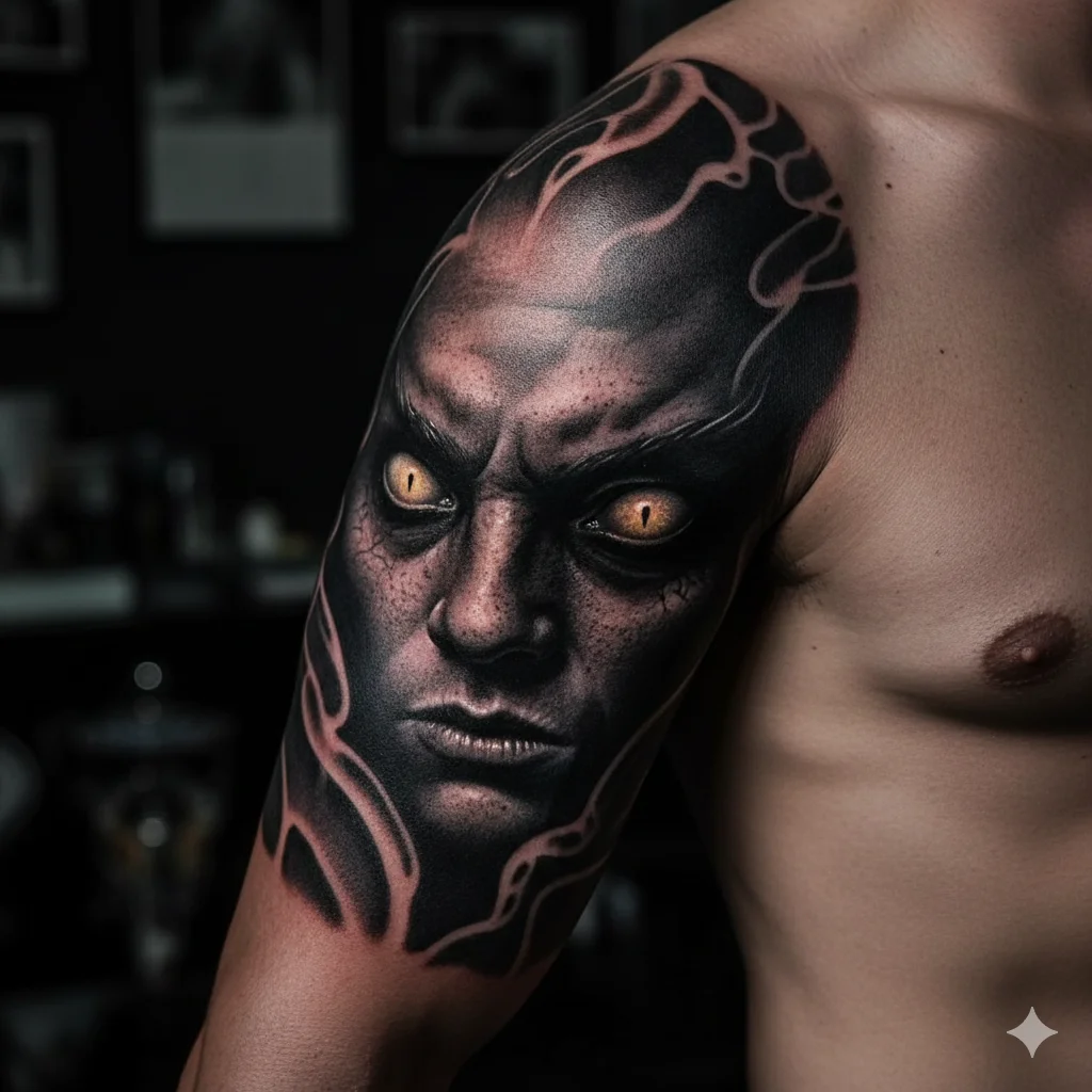 demonic eyes tattoo for men eerie black ink design forearm or chest placement