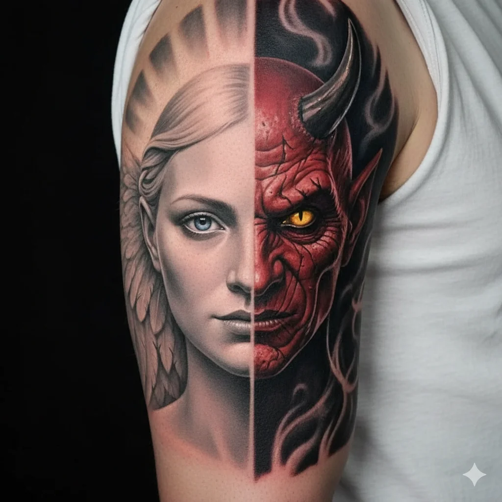 devil and angel half face tattoo men