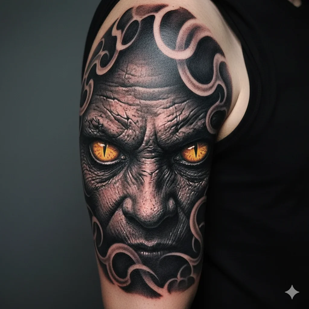 Close-up devil eyes tattoo design highlighting intense and bold devil tattoo ideas for men with realistic shading and dominant gaze.