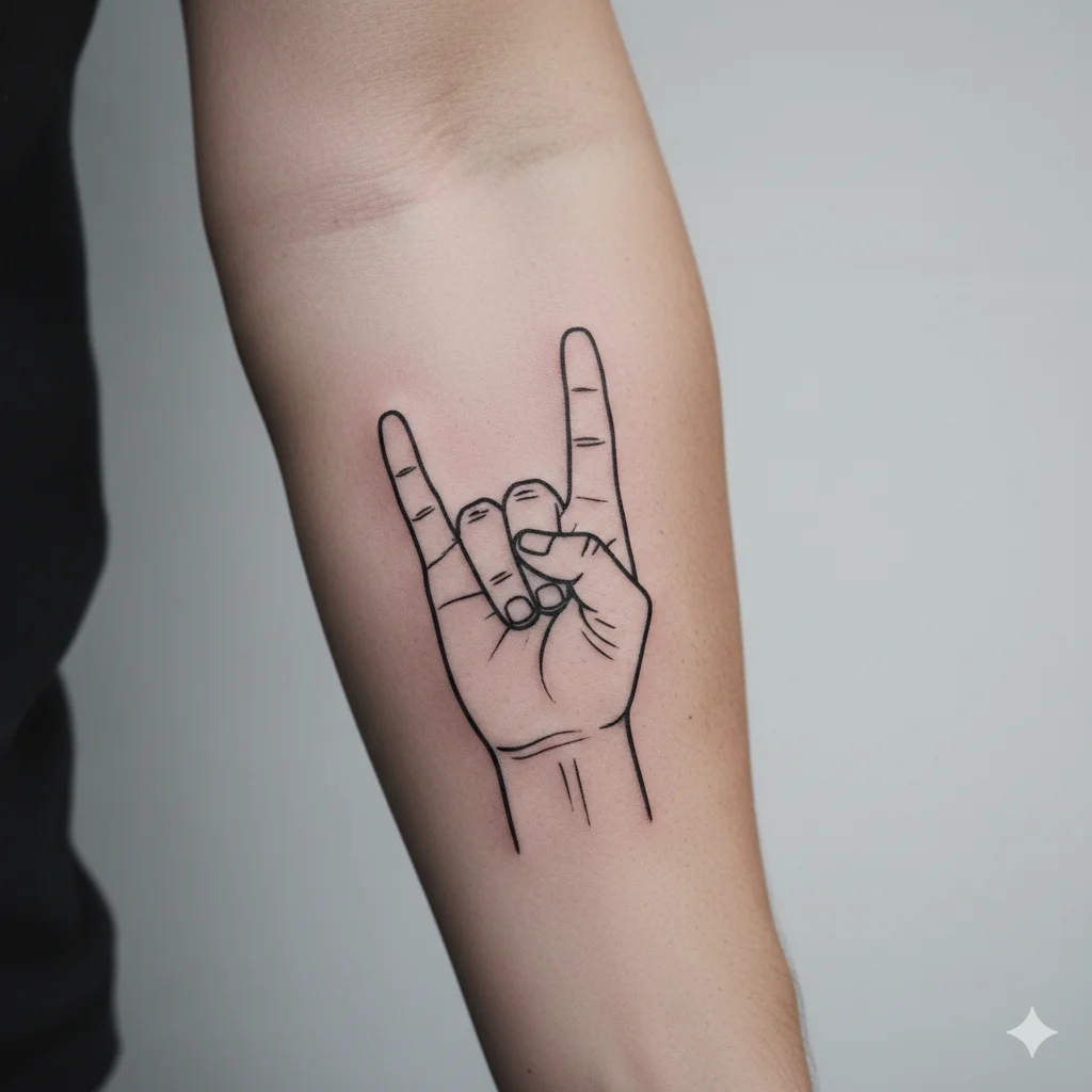 Devil hand gesture tattoo design representing rebellious devil tattoo ideas for men with clean black ink and modern minimalist style.