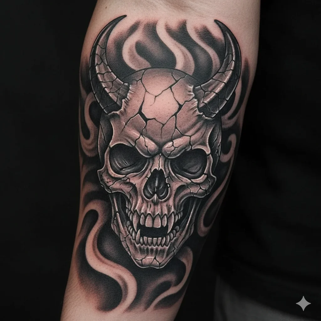 black and grey devil skull tattoo men