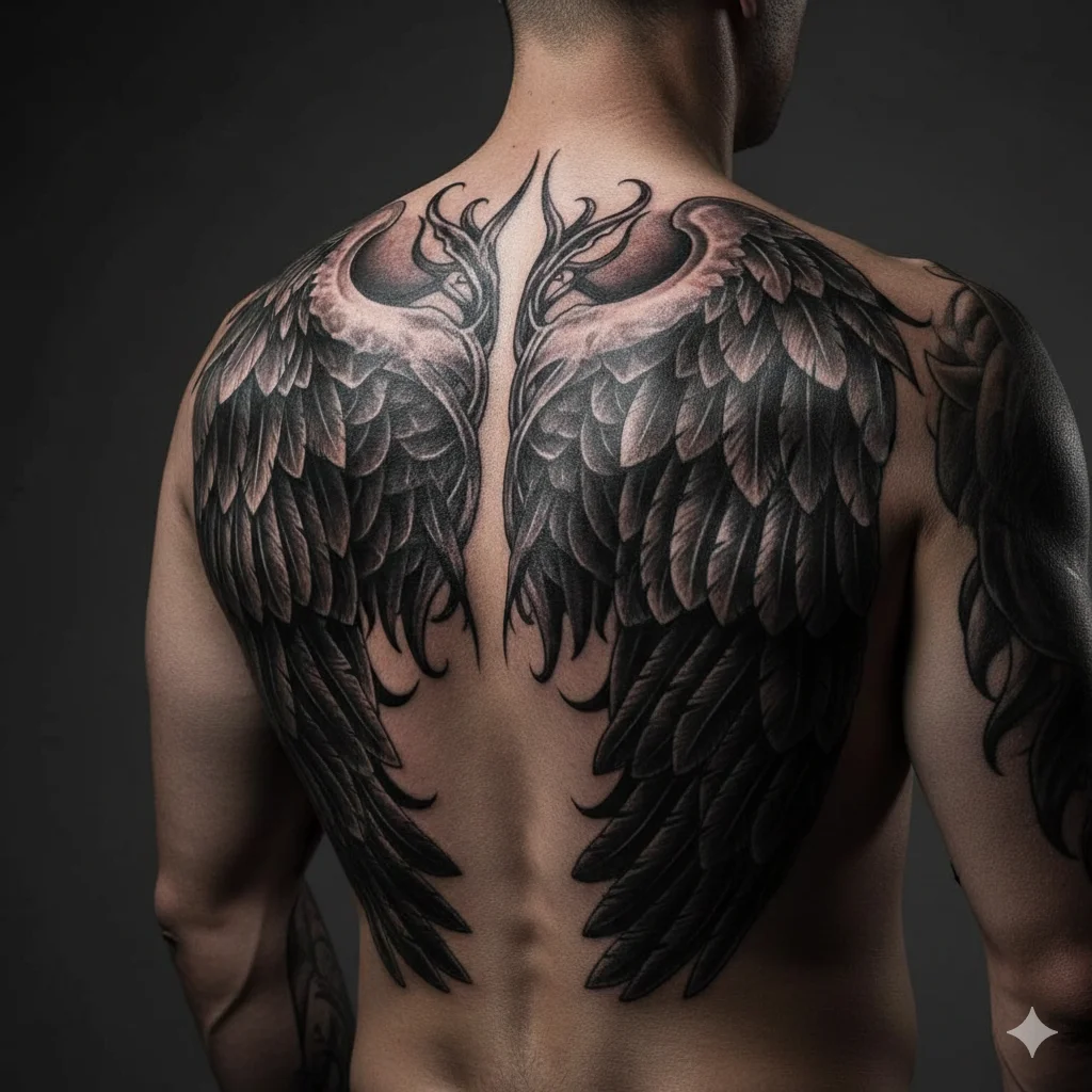 Large devil wings tattoo on shoulder representing powerful and dramatic devil tattoo ideas for men with detailed feather shading.
