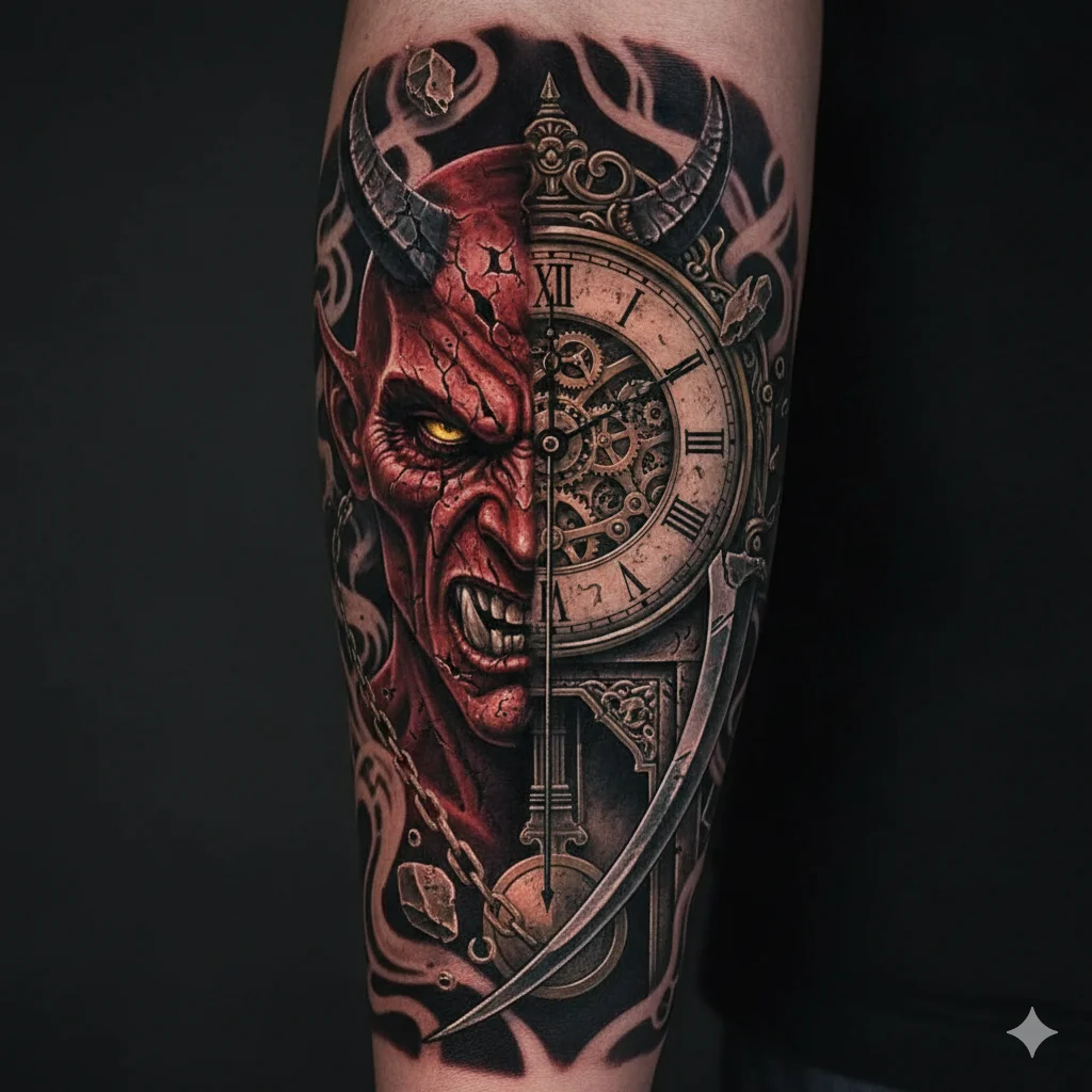 Devil and clock tattoo concept showing symbolic devil tattoo ideas for men representing time, fate, and life decisions with realistic detail.