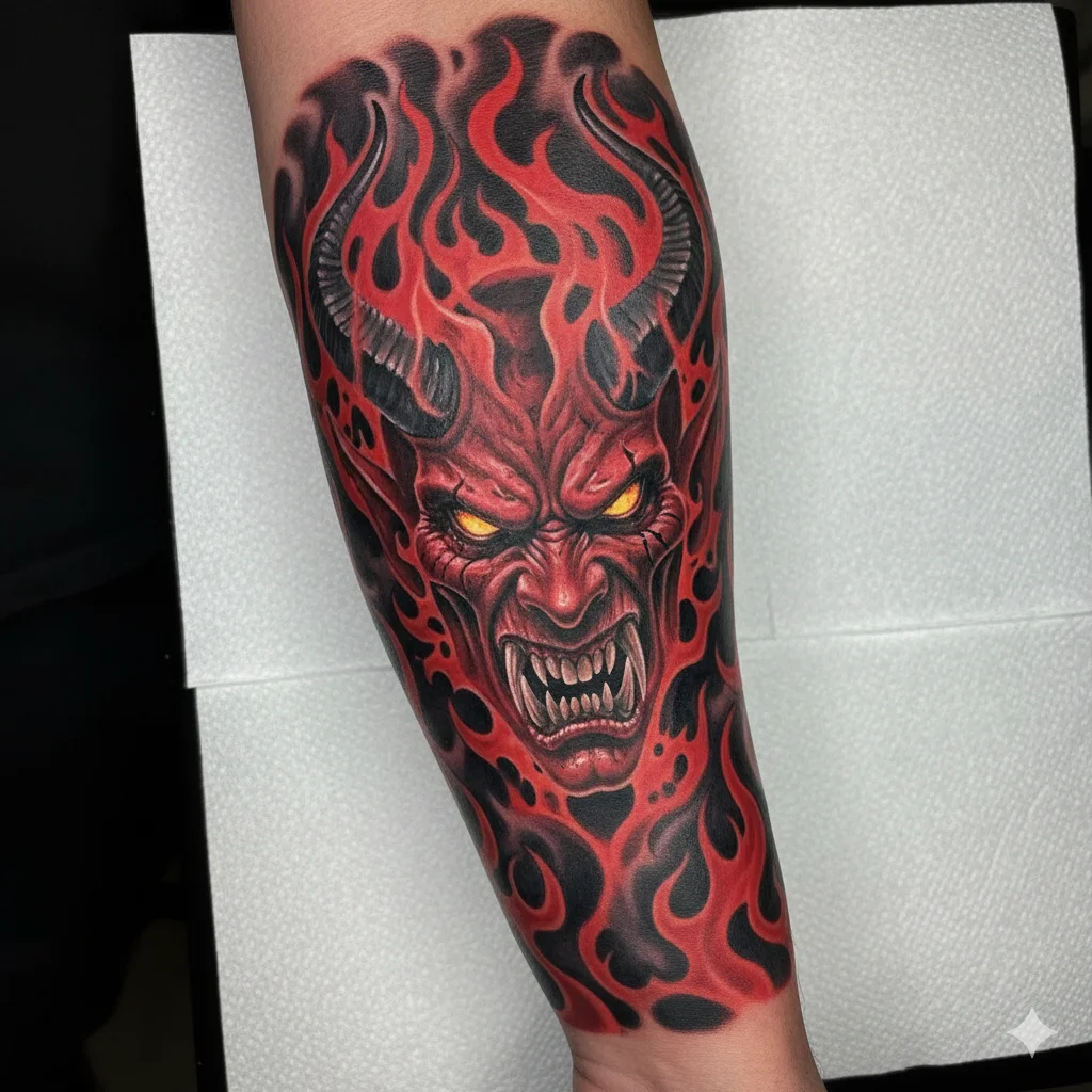 devil with flames forearm tattoo men